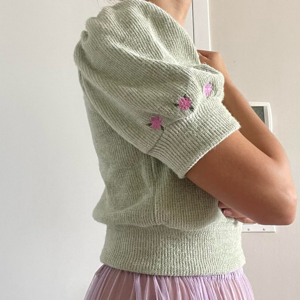 Zara | Pistachio green knit sweater top with pink embroidered roses | Size L - Picture 2 of 8